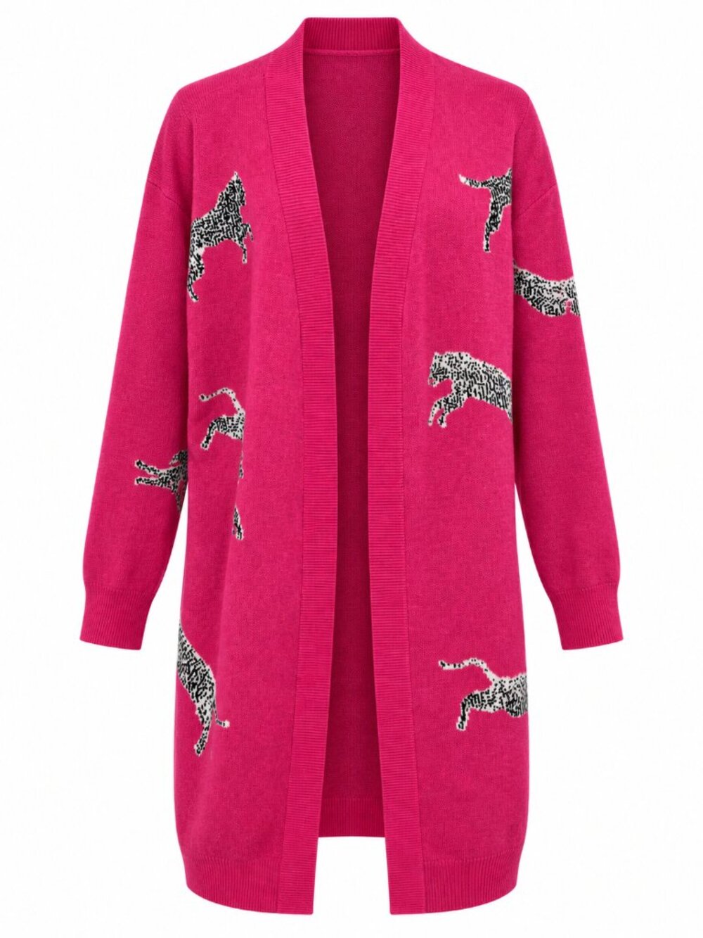 Hot Pink Cat Jacquard Knit Duster Dopamine Cardigan Longline Open Front L